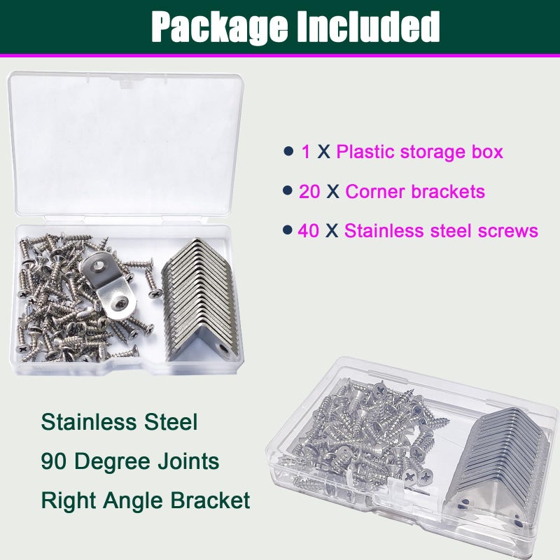 YEWLACA 20 PCS Corner Braces 25mm x 25mm Stainless Steel 90 Degree Joints Right Angle Bracket L Shaped Corner Brackets Fastener for Wood Furniture, Screws Included - Image 3